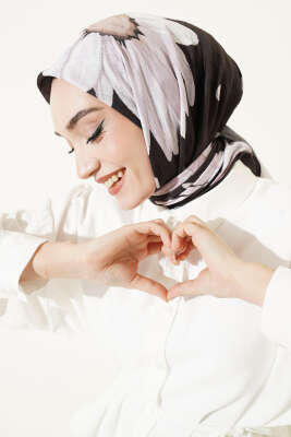 Soft Floral Baskılı Pamuklu Eşarp Acı Kahve Lila 