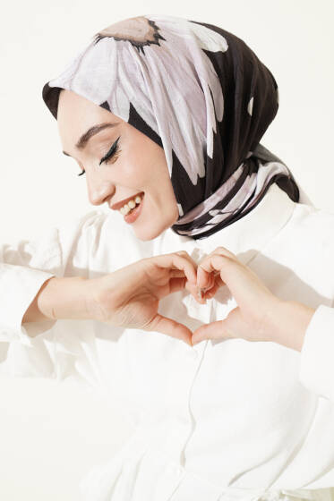 Soft Floral Baskılı Pamuklu Eşarp Acı Kahve Lila - Yılın Fırsatı