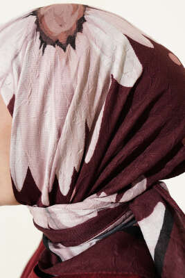 Soft Floral Baskılı Pamuklu Eşarp Bordo - Başörtüsü