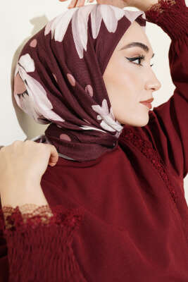 Soft Floral Baskılı Pamuklu Eşarp Bordo 