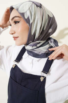 Soft Floral Baskılı Pamuklu Eşarp Füme 