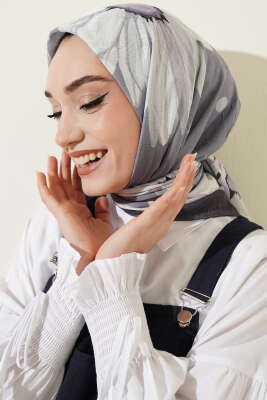 Soft Floral Baskılı Pamuklu Eşarp Gri - MODA KAŞMİR