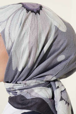 Soft Floral Baskılı Pamuklu Eşarp Gri - Başörtüsü