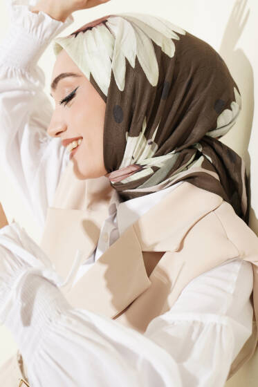 Soft Floral Baskılı Pamuklu Eşarp Haki - Başörtüsü