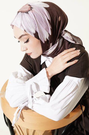 Soft Floral Baskılı Pamuklu Eşarp Kahve - Başörtüsü