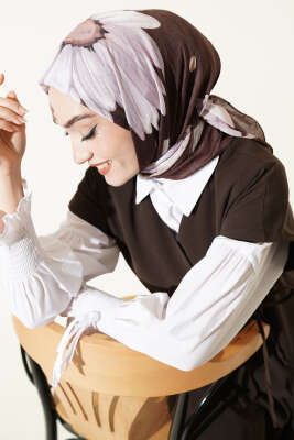 Soft Floral Baskılı Pamuklu Eşarp Kahve - Başörtüsü