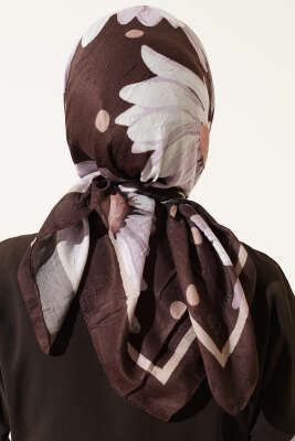Soft Floral Baskılı Pamuklu Eşarp Kahve - Başörtüsü