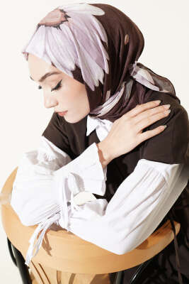 Soft Floral Baskılı Pamuklu Eşarp Kahve 