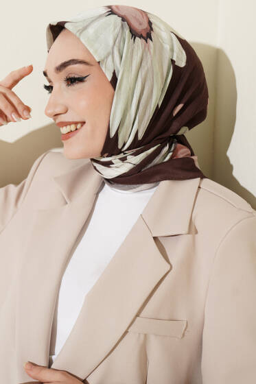 Soft Floral Baskılı Pamuklu Eşarp Kestane - Başörtüsü