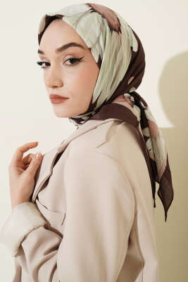 Soft Floral Baskılı Pamuklu Eşarp Kestane - Başörtüsü