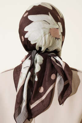 Soft Floral Baskılı Pamuklu Eşarp Kestane - Başörtüsü