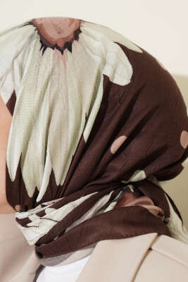 Soft Floral Baskılı Pamuklu Eşarp Kestane - Başörtüsü