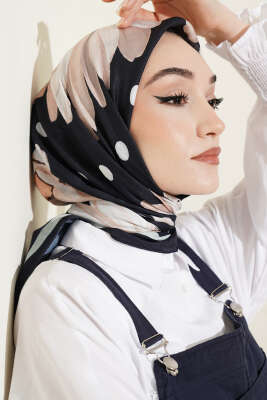 Soft Floral Baskılı Pamuklu Eşarp Lacivert - Başörtüsü