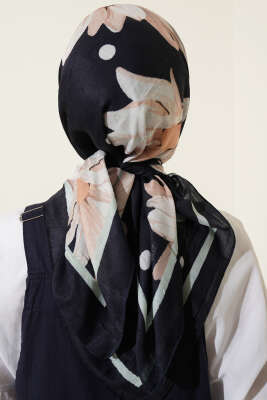 Soft Floral Baskılı Pamuklu Eşarp Lacivert - Başörtüsü