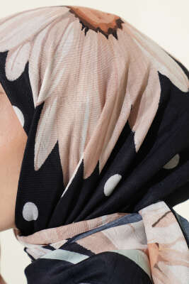 Soft Floral Baskılı Pamuklu Eşarp Lacivert - Başörtüsü