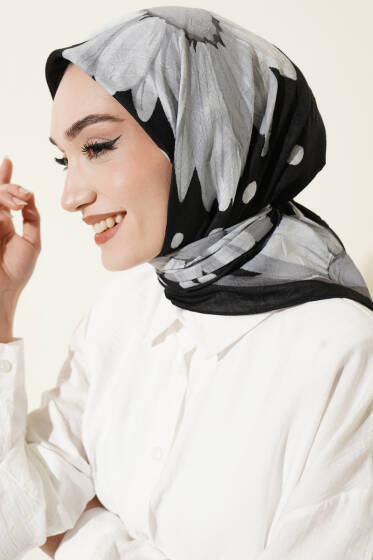 Soft Floral Baskılı Pamuklu Eşarp Siyah - Başörtüsü
