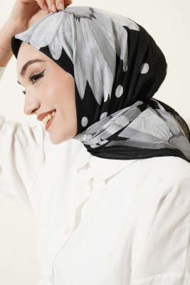 Soft Floral Baskılı Pamuklu Eşarp Siyah - Başörtüsü