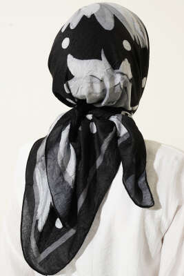 Soft Floral Baskılı Pamuklu Eşarp Siyah - Başörtüsü