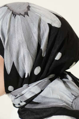 Soft Floral Baskılı Pamuklu Eşarp Siyah - Başörtüsü