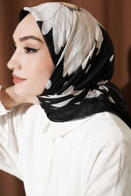 Soft Floral Baskılı Pamuklu Eşarp Siyah Bej - Yılın Fırsatı