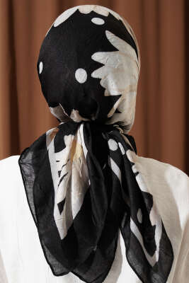 Soft Floral Baskılı Pamuklu Eşarp Siyah Bej - Yılın Fırsatı