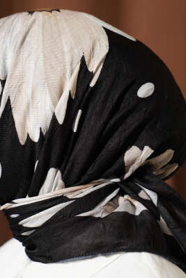 Soft Floral Baskılı Pamuklu Eşarp Siyah Bej - Yılın Fırsatı