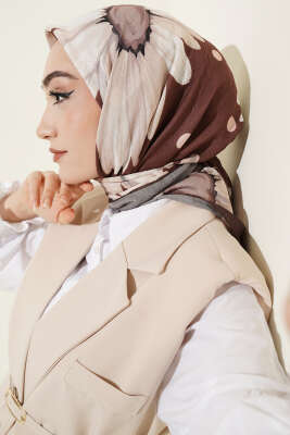 Soft Floral Baskılı Pamuklu Eşarp Sütlü Kahve - MODA KAŞMİR