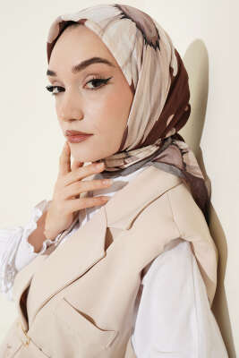 Soft Floral Baskılı Pamuklu Eşarp Sütlü Kahve - Başörtüsü