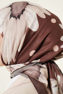 Soft Floral Baskılı Pamuklu Eşarp Sütlü Kahve - Başörtüsü