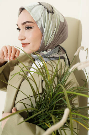 Soft Floral Baskılı Pamuklu Eşarp Vizon - Başörtüsü