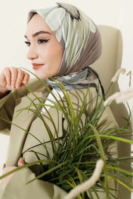 Soft Floral Baskılı Pamuklu Eşarp Vizon 