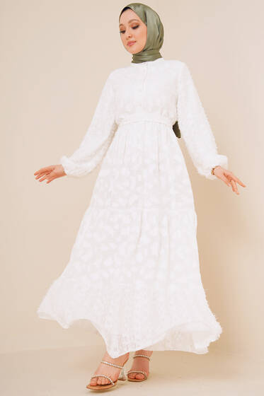 Sökük Desenli Şifon Elbise Beyaz - Tesettür Elbise
