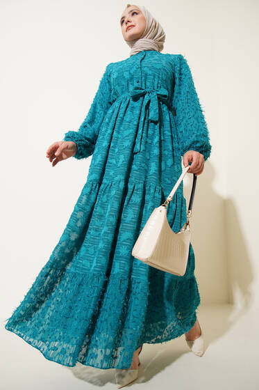 Sökük Desenli Şifon Elbise Mint - Tesettür Elbise