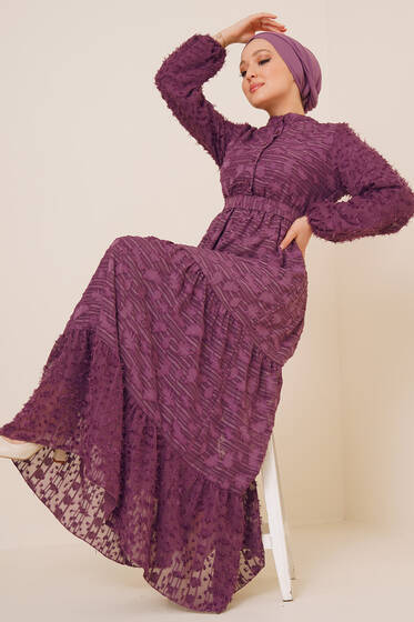 Sökük Desenli Şifon Elbise Mor - Tesettür Elbise