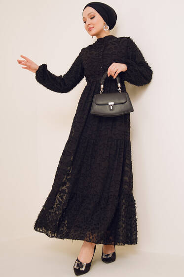 Sökük Desenli Şifon Elbise Siyah - Tesettür Elbise