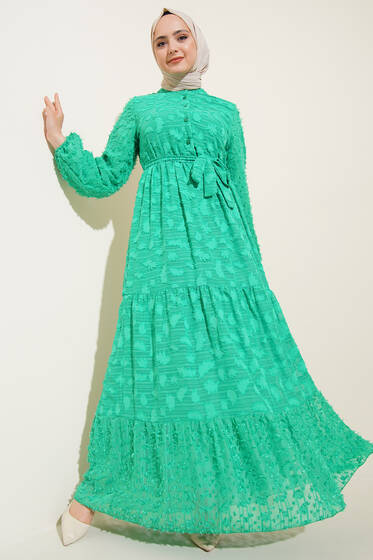 Sökük Desenli Şifon Elbise Yeşil - Tesettür Elbise