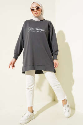 Something Baskılı İki İp Tunik Füme - Tunik