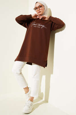 Something Baskılı İki İp Tunik Kahve - Tunik