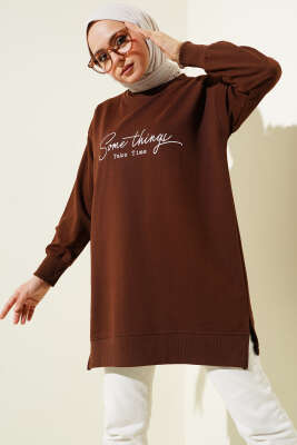 Something Baskılı İki İp Tunik Kahve 