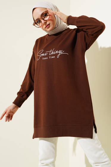 Something Baskılı İki İp Tunik Kahve - Tunik