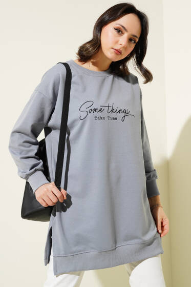 Something Baskılı İki İp Tunik Kayrak Grisi - Yılın Fırsatı