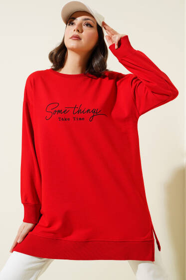 Something Baskılı İki İp Tunik Kırmızı - Yılın Fırsatı