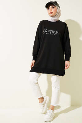 Something Baskılı İki İp Tunik Siyah - Tunik