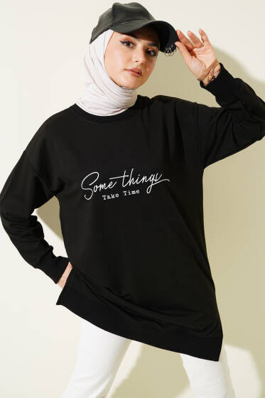 Something Baskılı İki İp Tunik Siyah - Yılın Fırsatı