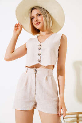 Şortlu Keten Takım Bej - Kadın Giyim Modelleri