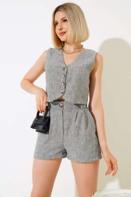Şortlu Keten Takım Füme - Kadın Giyim Modelleri