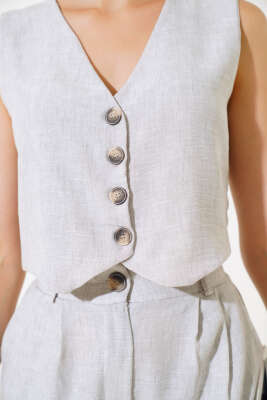 Şortlu Keten Takım Gri - Kadın Giyim Modelleri