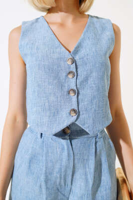 Şortlu Keten Takım Indıgo - Kadın Giyim Modelleri