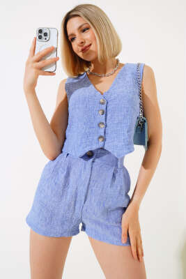 Şortlu Keten Takım Mavi 