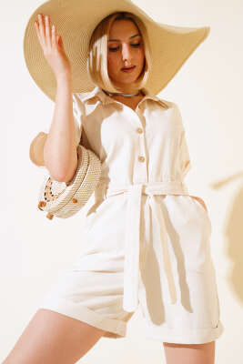 Şortlu Keten Tulum Bej - TİLLE